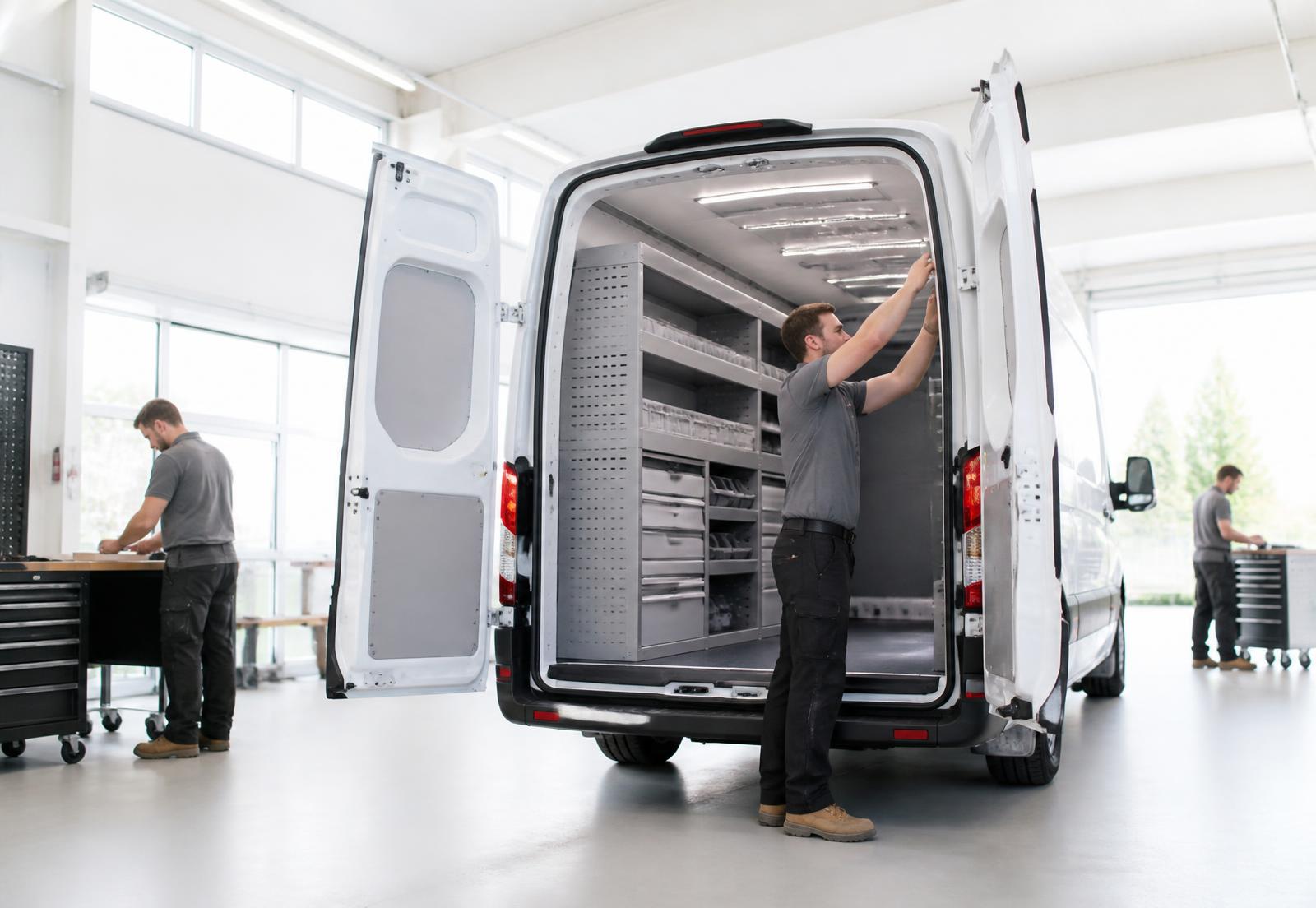 Technicians fitting racking into a white van in a conversion workshop